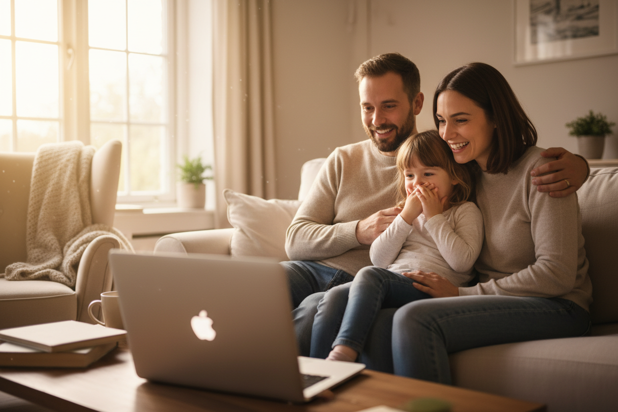 ponme a una familia pequeña comprando algo desde su laptop pero q no se vea q es